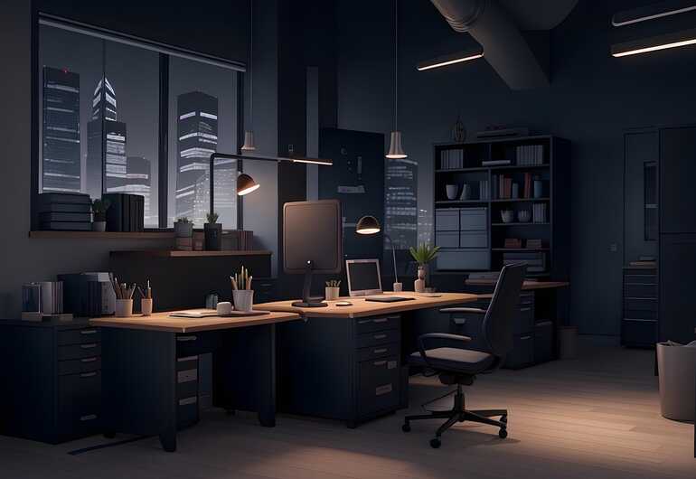 Clean and organised office interior with desks and chairs